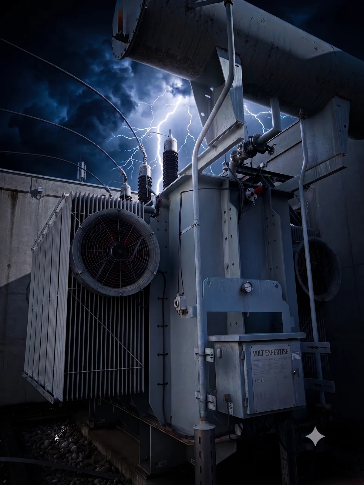 HV power transformer under a stormy sky — Volt Expertise